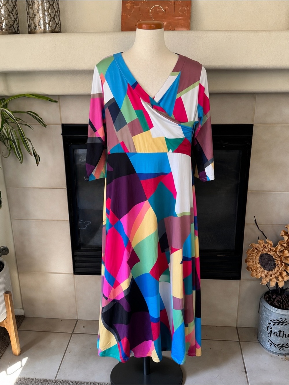 Multicolor Geometric V-Neck Midi Dress